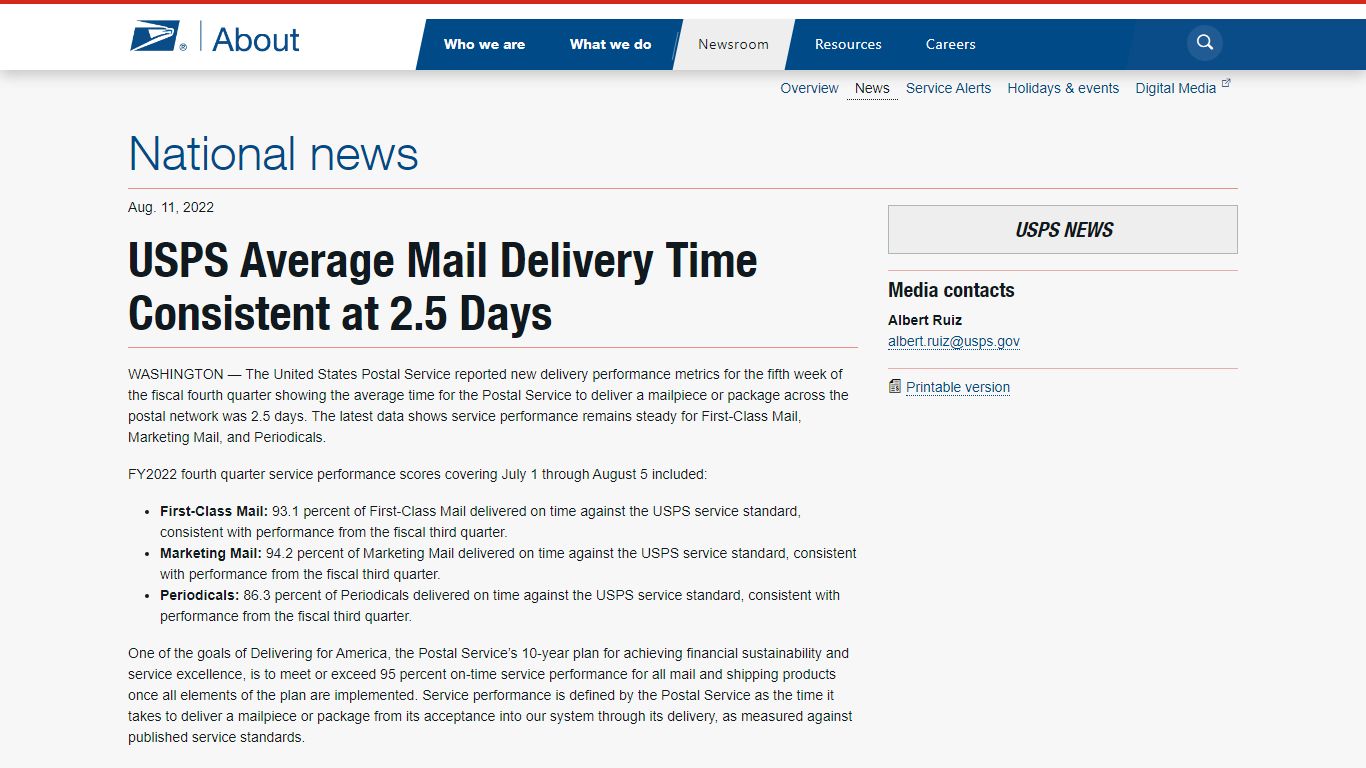 USPS Average Mail Delivery Time Consistent at 2.5 Days